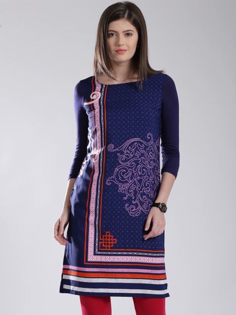 

W Navy Polyester Printed Kurta, Navy blue