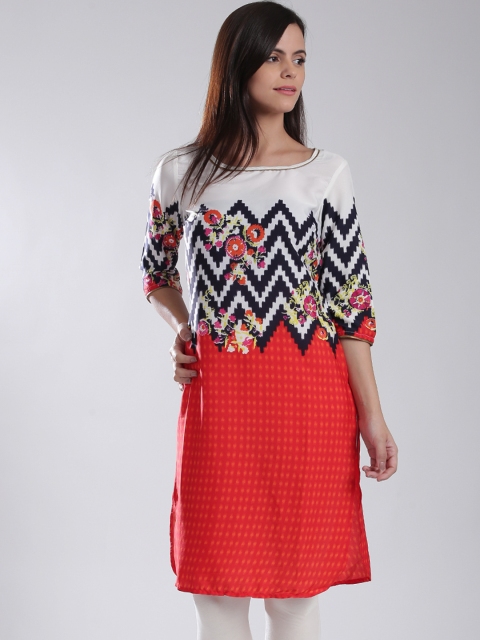 

W White & Red Polyester Printed Kurta