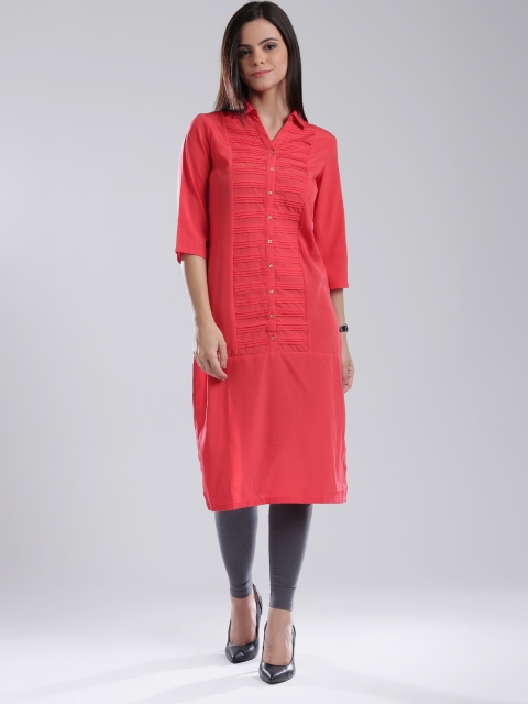 

W Coral Pink Polyester Tuck Detail Kurta