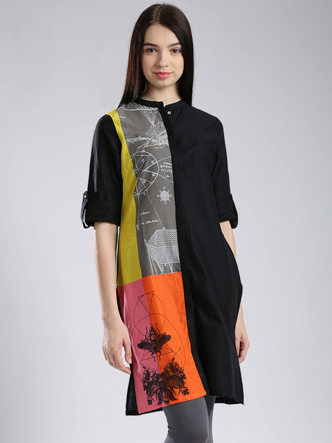 

W Black Colourblocked Printed Kurta