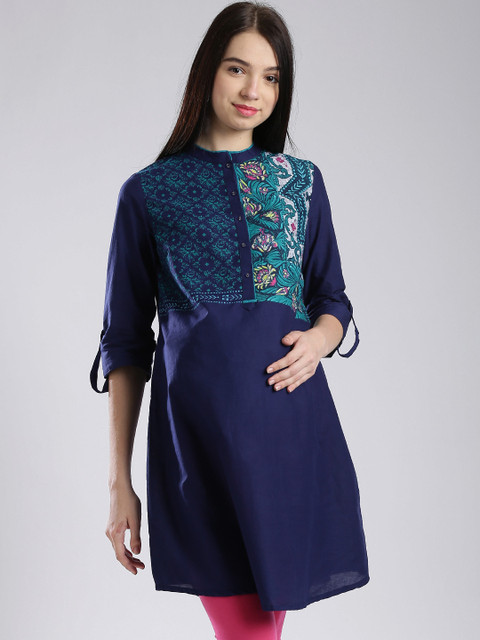 

W Navy Printed A-Line Maternity Kurta, Navy blue