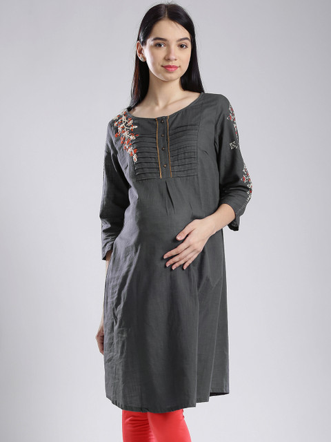 

W Grey Embroidered Detail A-Line Maternity Kurta
