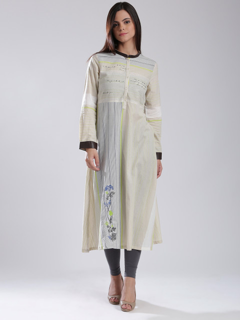 

W Beige Striped Printed A-Line Kurta
