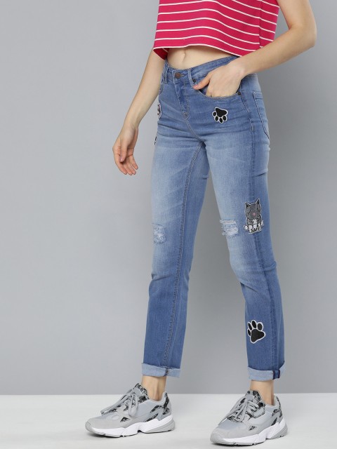 

HERE&NOW Women Blue Regular Fit Mid-Rise Mildly Distressed Applique Work Stretchable Jeans