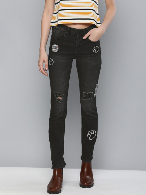 

HERE&NOW Women Black Slim Fit-15 Mid-Rise Printed Mildly Distressed Stretchable Jeans