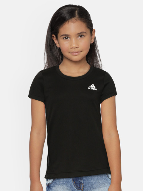 

ADIDAS Girls Black Brand Logo Print Aeroready 3-Stripes Slim Fit Training Sustainable T-shirt