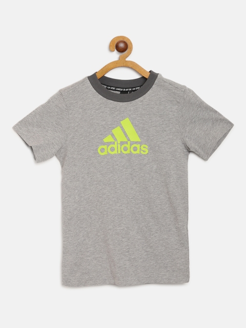 

ADIDAS Boys Grey Melange Pure Cotton Brand Logo Printed YB MH BOS Training Pure Cotton T-shirt