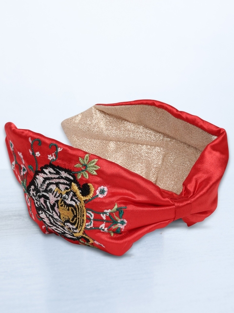 

Blueberry Women Coral Red & Green Tiger Embroidered Knot Hairband