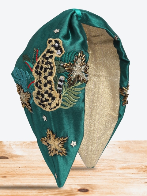 

Blueberry Women Green & Beige Leopard Embroidery Knot Hairband with Beaded Detail