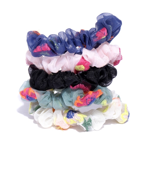 

Blueberry Women Set of 5 Floral Embroidered Scrunchies, Blue