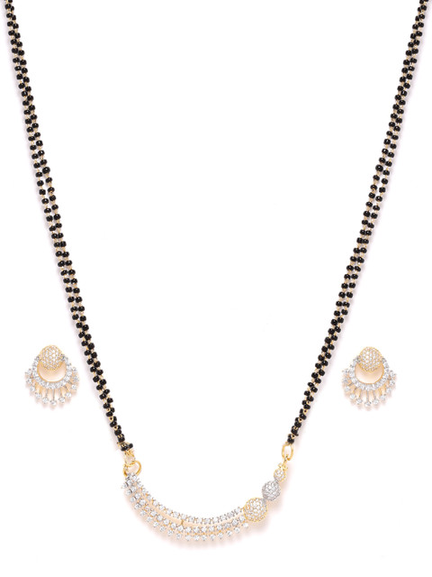 

ANESH Black Gold-Plated CZ-Studded & Beaded Mangalsutra & Earrings Set