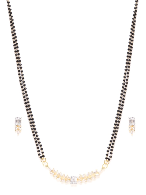 

ANESH Black Gold-Plated CZ-Studded & Beaded Mangalsutra & Earrings Set