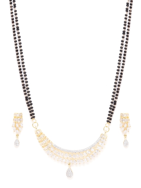 

ANESH Black Gold-Plated CZ-Studded & Beaded Mangalsutra & Earrings Set