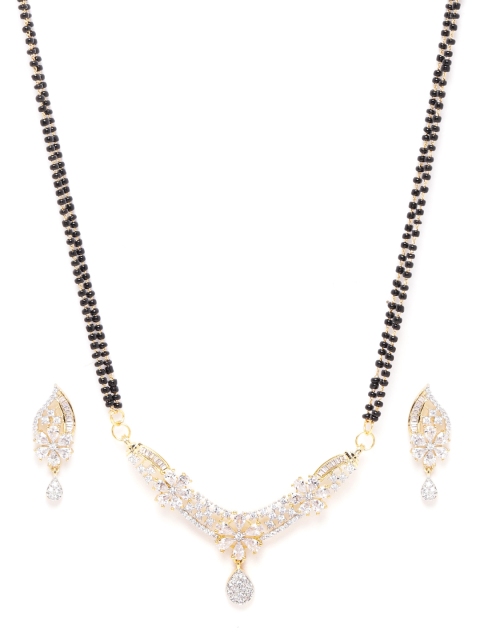 

ANESH Black Gold-Plated CZ-Studded & Beaded Mangalsutra & Earrings Set
