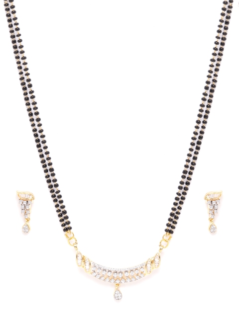 

ANESH Black Gold-Plated CZ-Studded & Beaded Mangalsutra & Earrings Set
