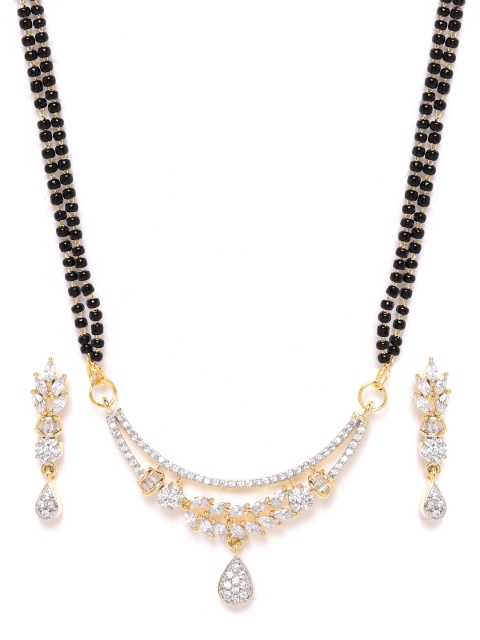 

ANESH Black Gold-Plated CZ-Studded & Beaded Mangalsutra & Earrings Set