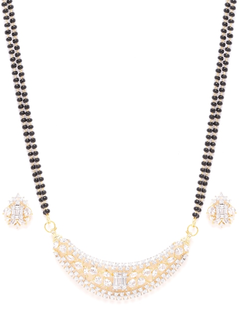 

ANESH Black Gold-Plated CZ-Studded & Beaded Mangalsutra & Earrings Set