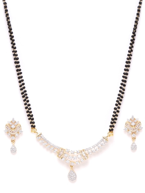 

ANESH Black Gold-Plated CZ-Studded & Beaded Mangalsutra & Earrings Set