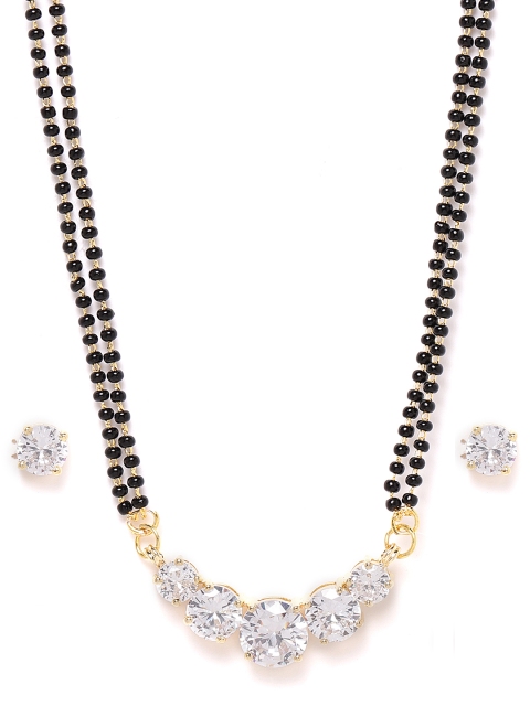 

ANESH Black Gold-Plated CZ-Studded & Beaded Circular Mangalsutra & Earrings Set