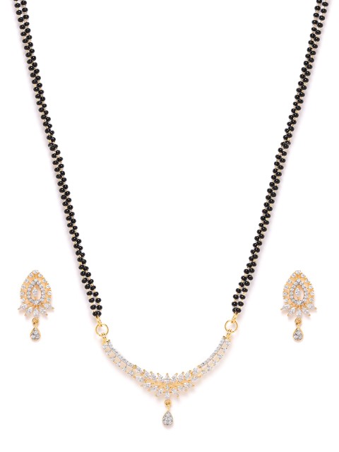 

ANESH Black Gold-Plated CZ-Studded & Beaded Mangalsutra & Earrings Set