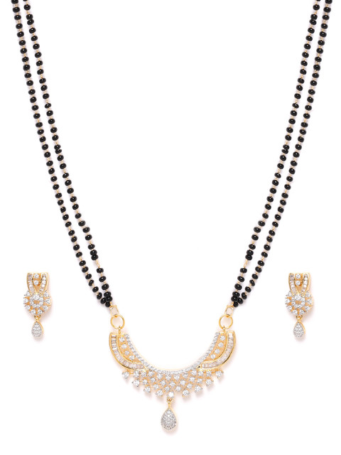 

ANESH Black Gold-Plated CZ-Studded & Beaded Mangalsutra & Earrings Set