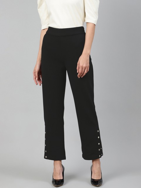 

Femella Women Black Solid Relaxed Regular Fit Regular Trousers with Rivets