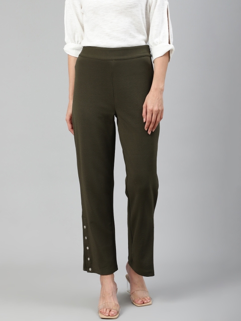 

Femella Women Olive Green Solid Relaxed Regular Fit Regular Trousers with Rivets