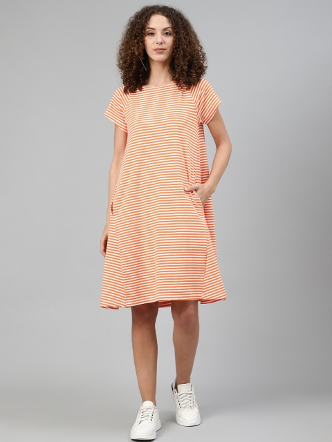 

Femella Women Orange & White Striped Cotton A-Line Dress