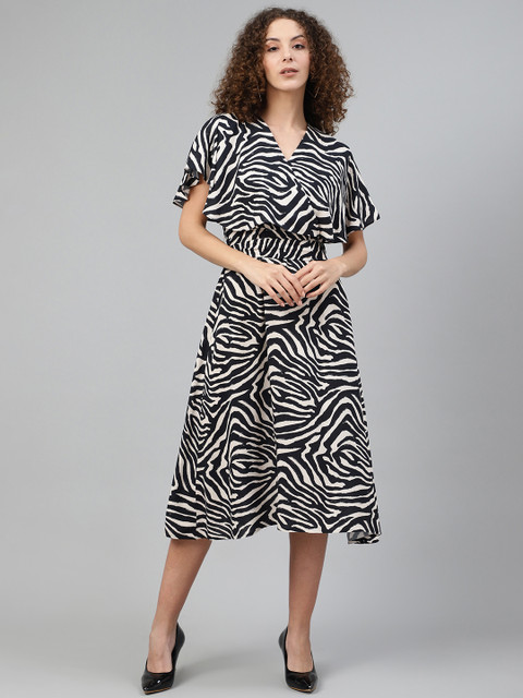 

Femella Women Black & White Zebra Printed Wrap Dress With Waist Tie-Ups