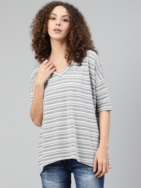 

Femella Women Grey & White Striped Pure Cotton Longline T-shirt
