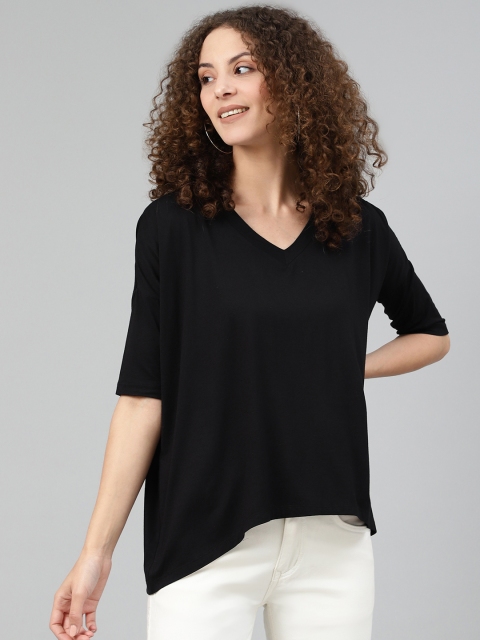 

Femella Women Black Solid V-Neck T-shirt