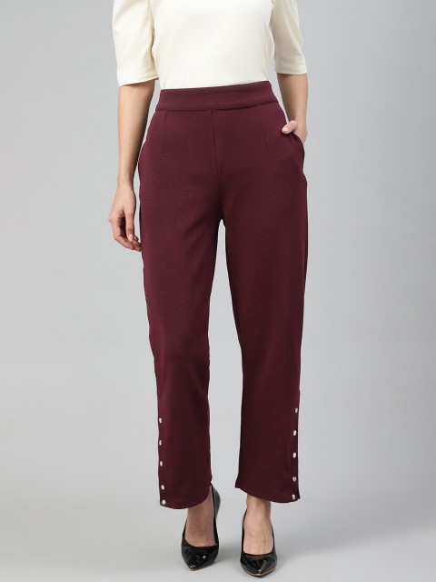 

Femella Women Maroon Solid Relaxed Regular Fit Regular Trousers with Rivets