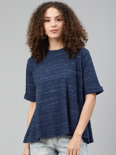 

Femella Women Navy Blue Solid Round Neck T-shirt with Melange Effect