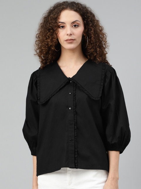 

Femella Women Black Solid Puff Sleeves Pure Cotton Top