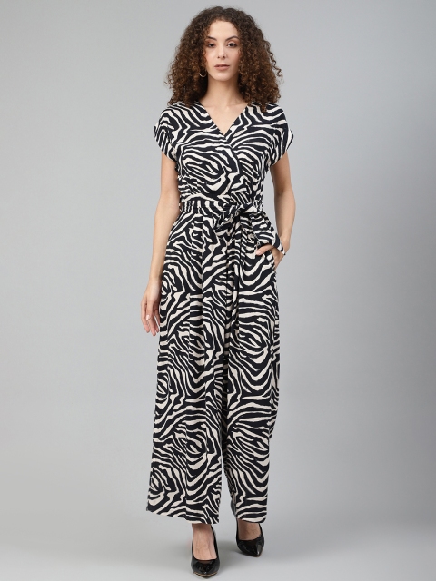 

Femella Women Black & White Zebra Printed Basic Jumpsuit With Waist Tie-Ups