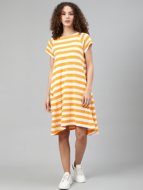 

Femella Women Yellow & White Striped Cotton A-Line Dress