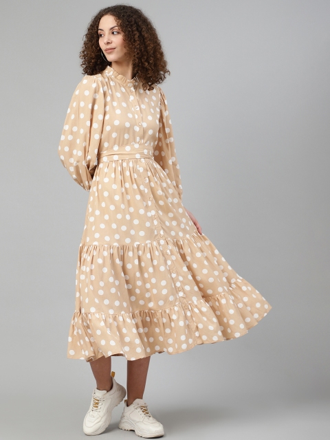 

Femella Women Beige & White Polka Dot Print Tiered Fit and Flared Dress with Belt