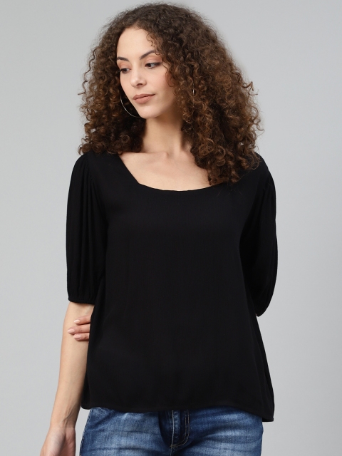 

Femella Women Black Solid Puff Sleeves Top