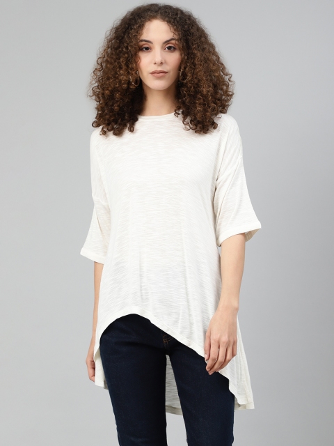 

Femella Women White Solid Round Neck Asymmetric T-shirt