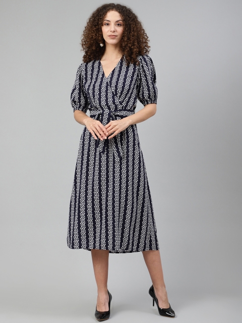 

Femella Women Navy Blue & White Floral Striped Wrap Dress with Belt