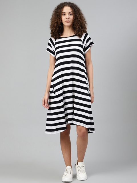 

Femella Women Black & White Striped Cotton A-Line Dress