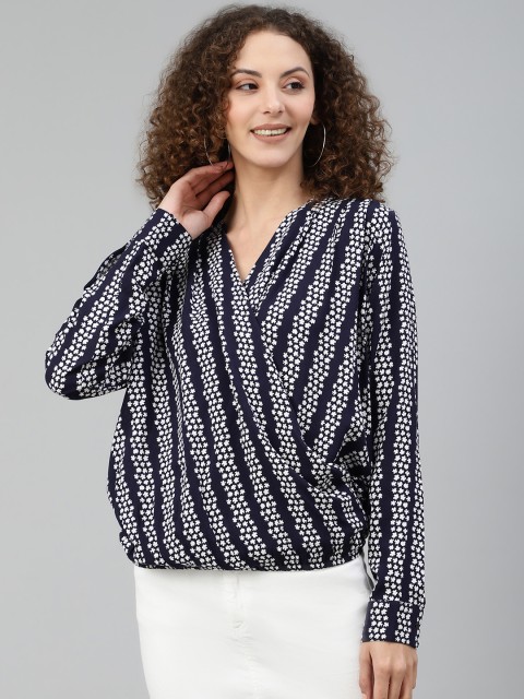 

Femella Women Navy Blue & White Floral Printed Wrap Top