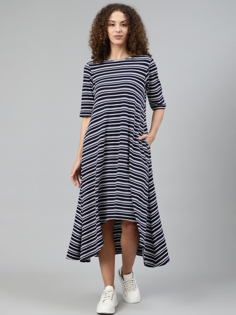 

Femella Women Navy Blue & White Striped Pure Cotton A-Line Dress