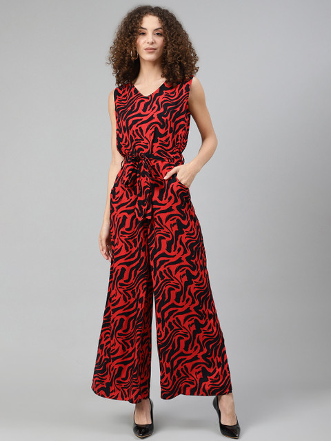 

Femella Women Red & Black Printed Basic Jumpsuit With Waist Tie-Ups
