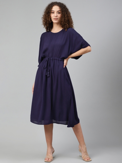 

Femella Women Navy Blue Solid Fit and Flare Dress with Gathers