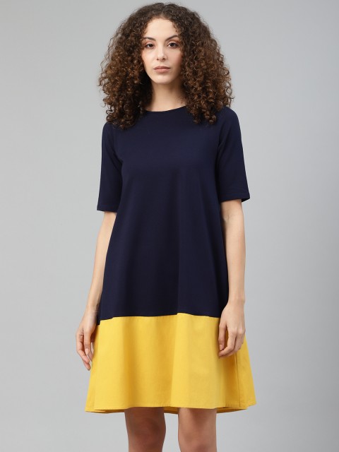 

Femella Women Navy Blue & Yellow Colourblocked A-Line Dress