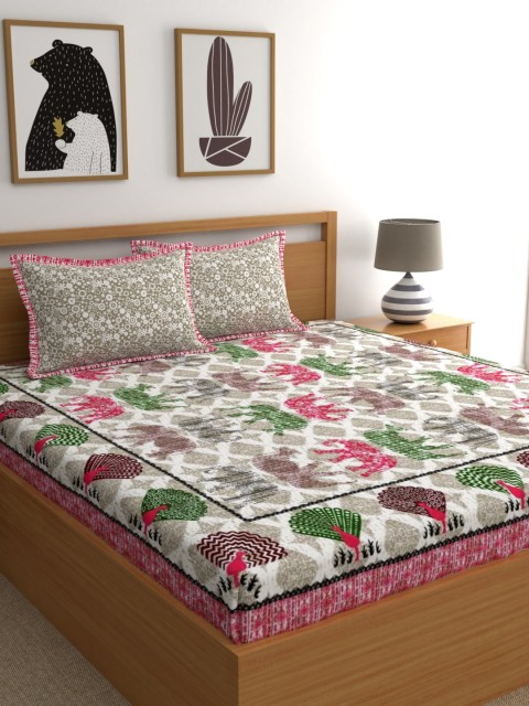 

LA VERNE Multicoloured Ethnic Motifs 104 TC Cotton 1 Queen Bedsheet with 2 Pillow Covers, Multi