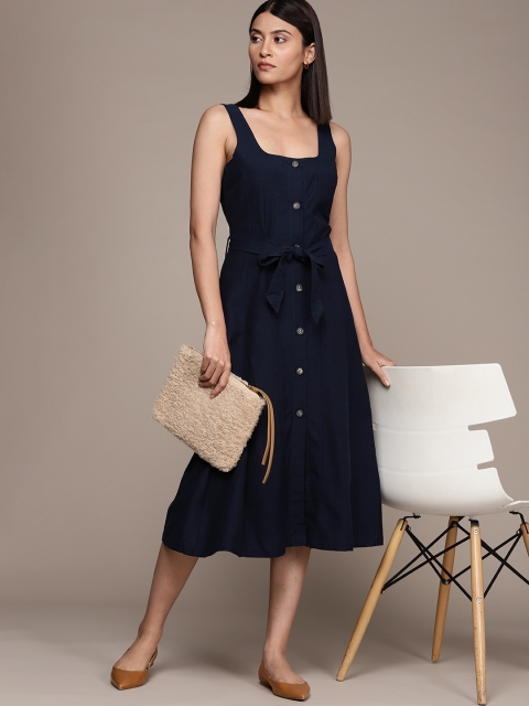 

MANGO Navy Blue Solid Linen Blend A-Line Midi Dress