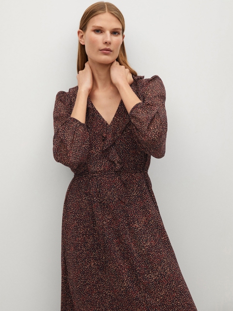 

MANGO Women Black & Beige Abstract Print Ruffled Sustainable A-Line Dress