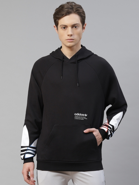 

ADIDAS Originals Men Black Solid Tricol Pure Cotton Hooded Sweatshirt